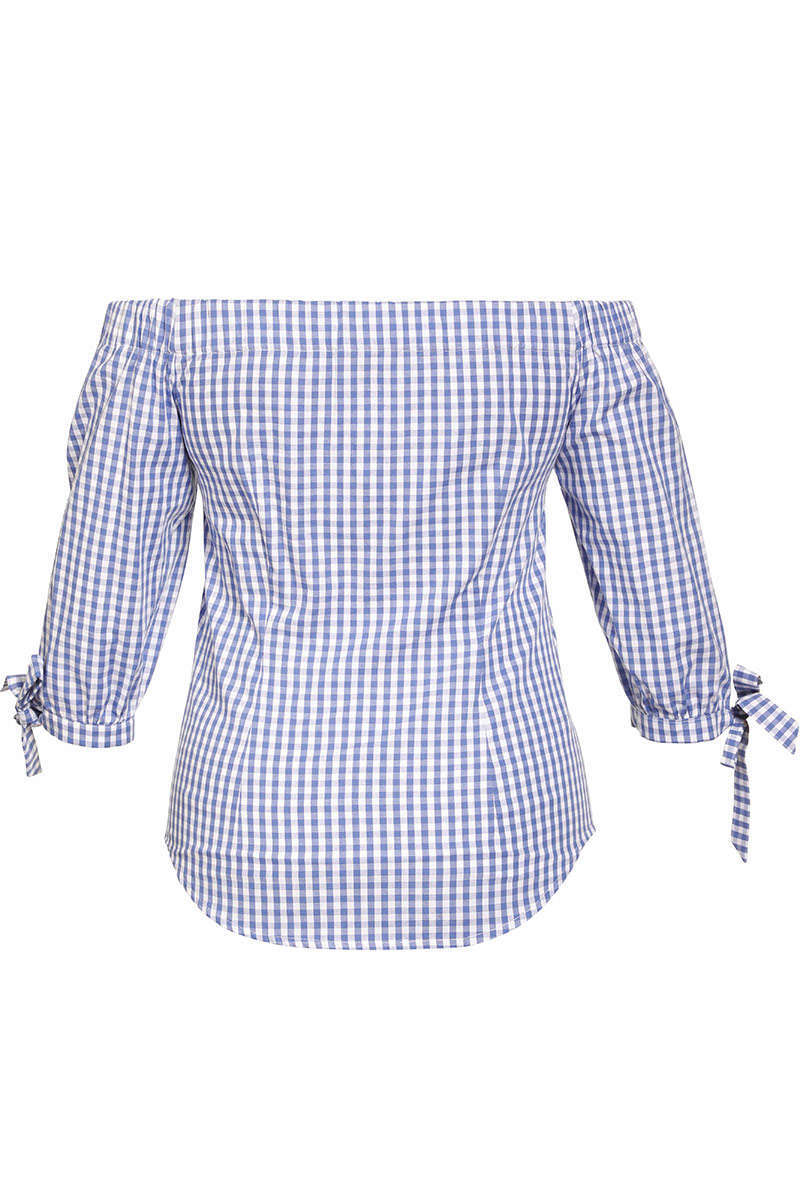 Carmenbluse 3/4 Arm mit Stickerei kariert blau Bild 2