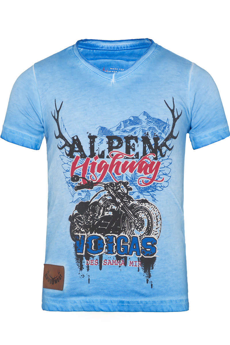 Trachten T-Shirt V-Ausschnitt 'Alpen Highway' blau