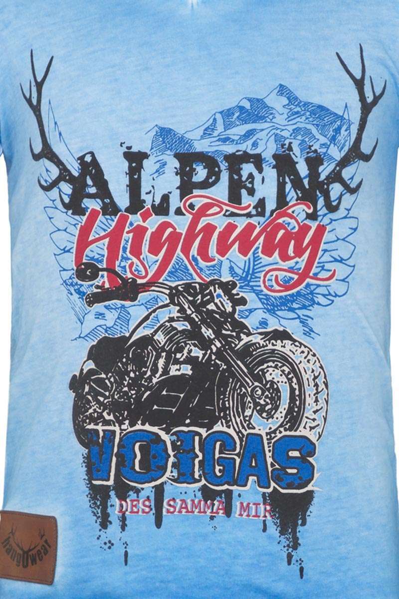 Trachten T-Shirt V-Ausschnitt 'Alpen Highway' blau Bild 2