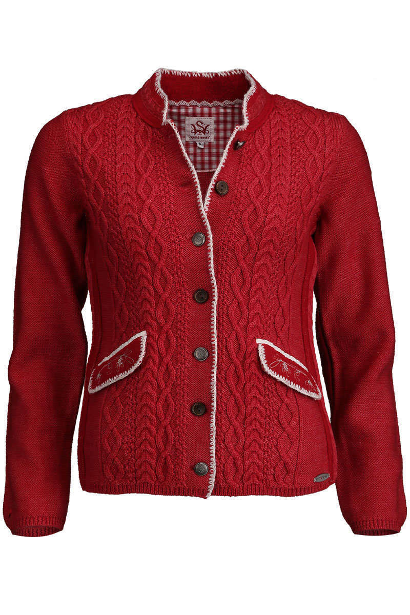 Strickjacke mit Zopfmuster und Stehkragen rot