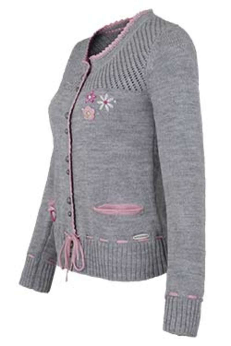 Trachten Strickjacke mit Blumenapplikation grau-rosa Bild 2