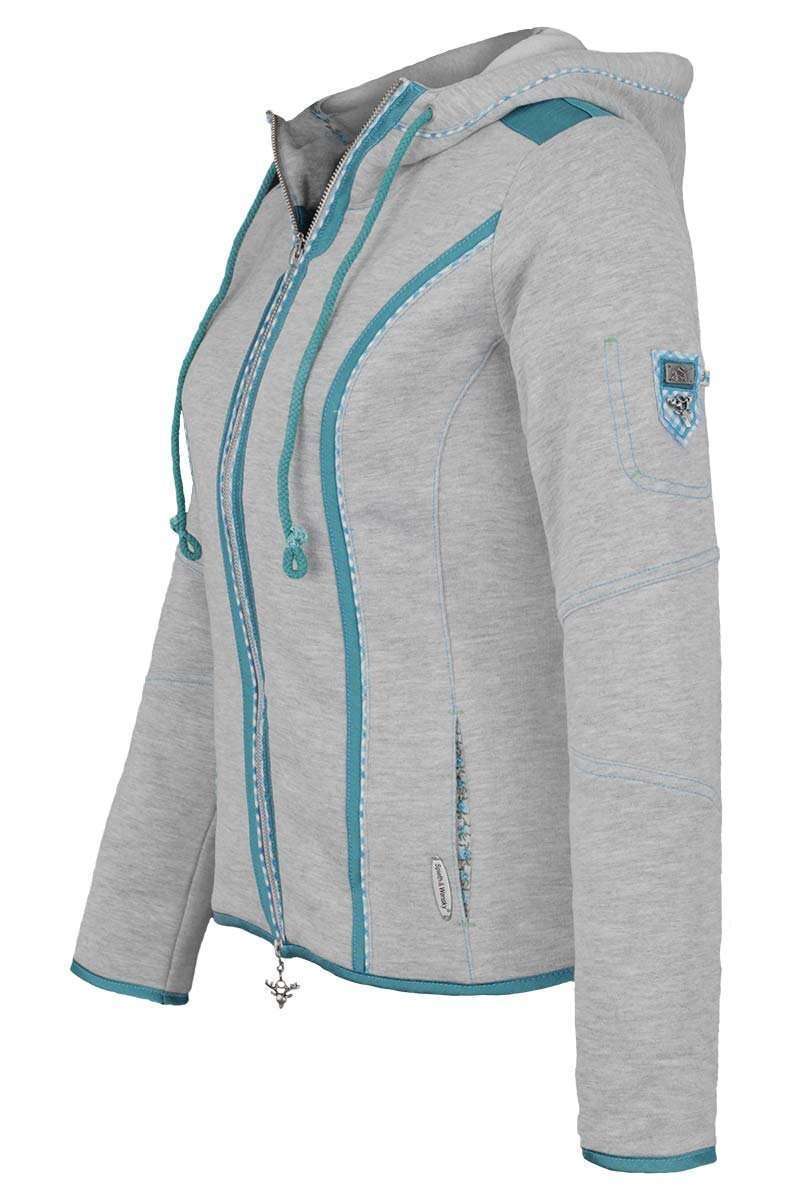 Damen Trachten Sweatjacke mit Kapuze grau-trkis Bild 2