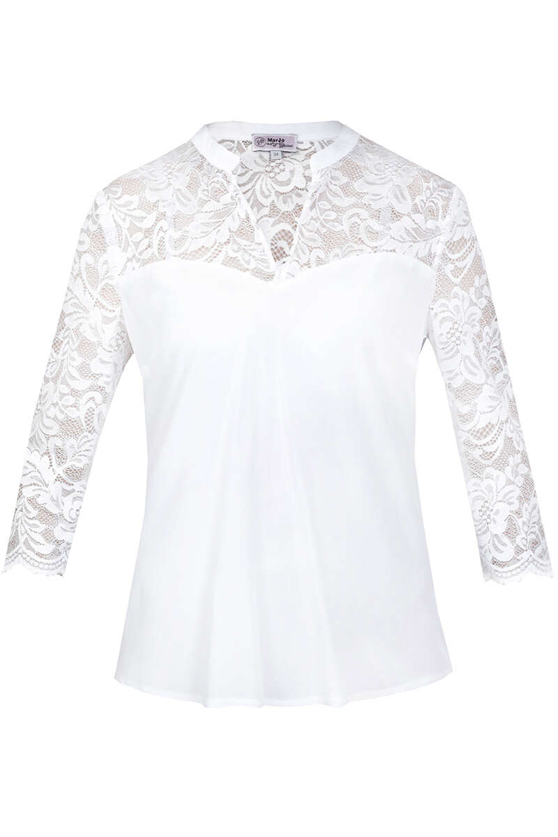 Damen Blusenshirt mit V-Ausschnitt und Spitzenbesatz offwhite