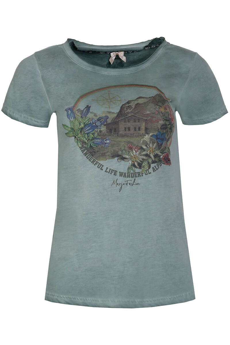 Damen T-Shirt im Used-Look 'Wanderful Life' nadelgrün