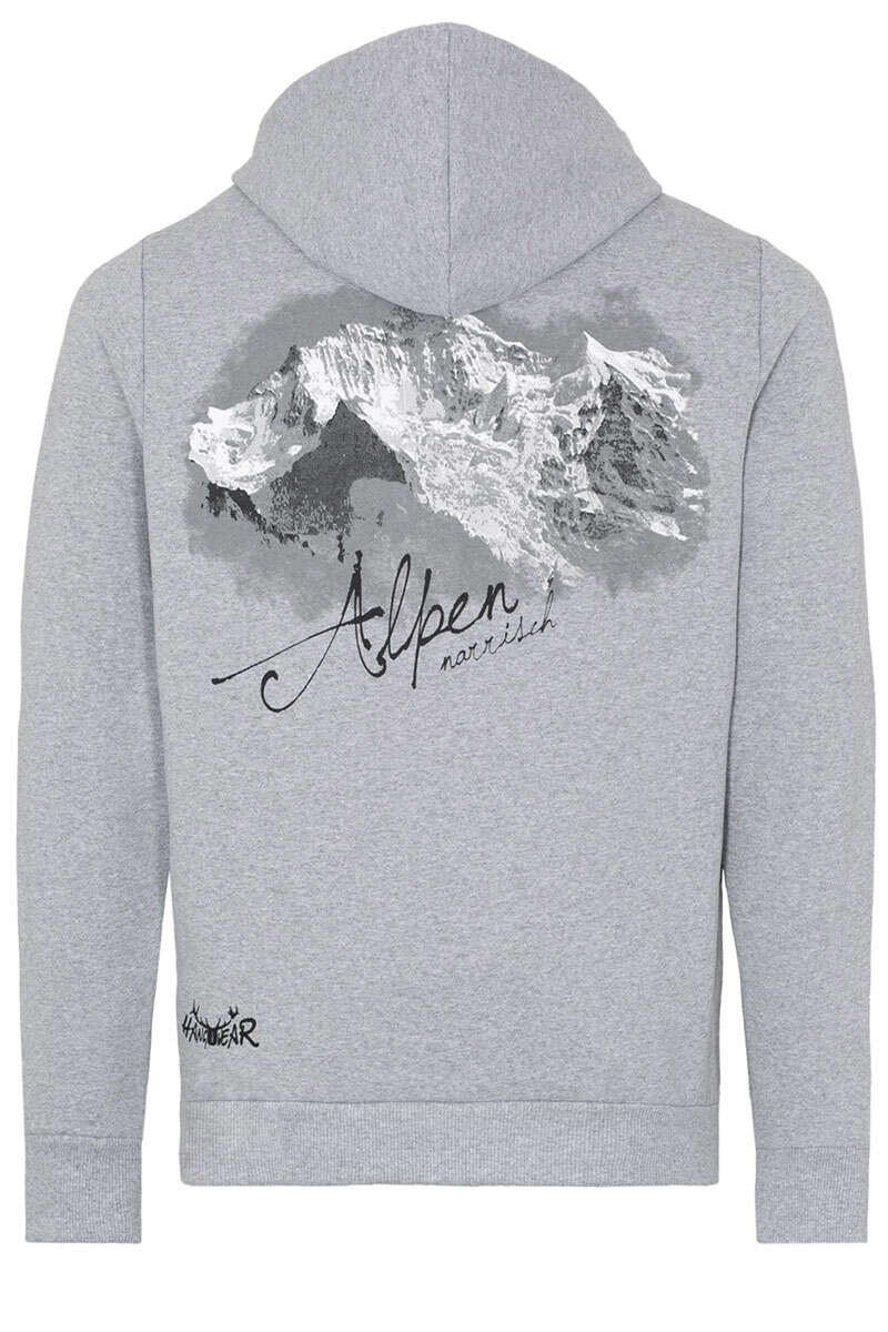 Herren Sweatjacke mit Kapuze 'Alpen narrisch' hellgrau Bild 2