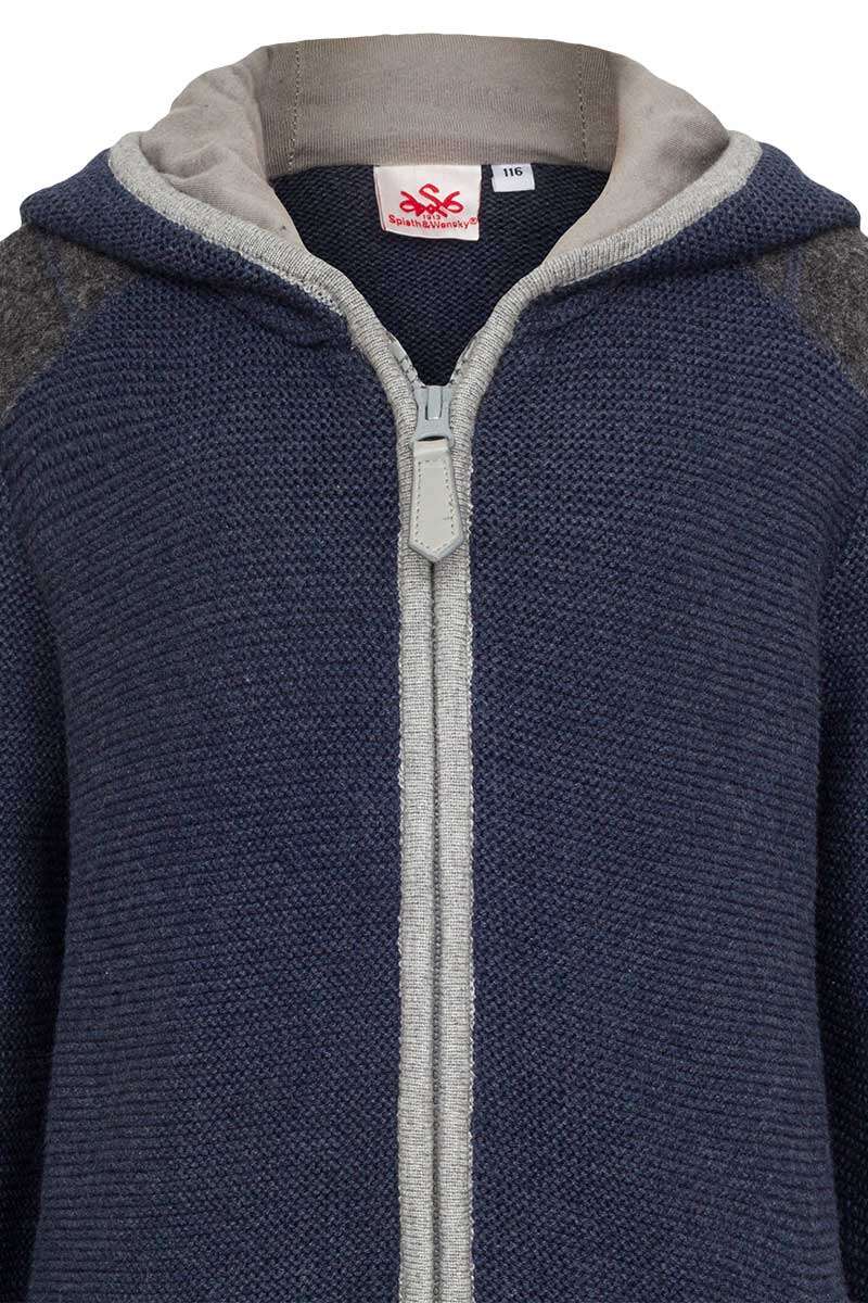 Kinder Kapuzen-Strickjacke mit Walk dunkelblau hellgrau Bild 2