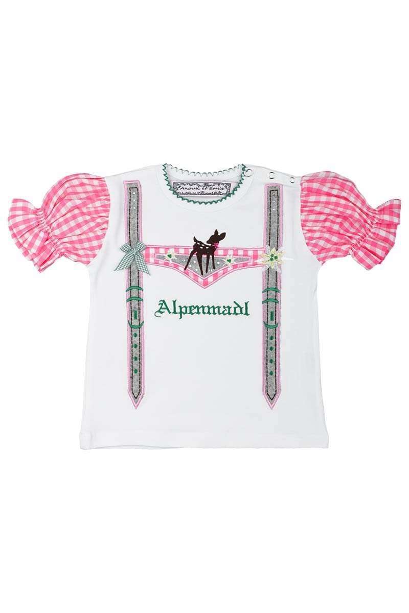 Mädchen T-Shirt im Lederhosenlook 'Alpenmadl' rosa weiß