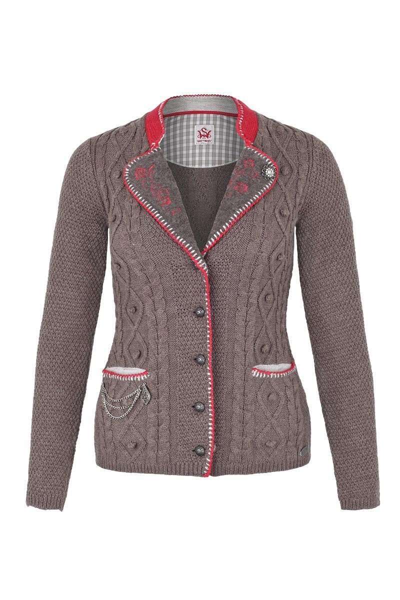 Damenstrickjacke Blazerstil mit Zopfmuster braun