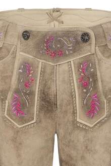 Damen Lederhose Short birkenbraun mit pinker Stickerei