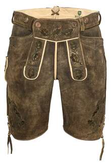 Herren Hirsch-Lederhose kurz Vintage-Optik Antikschwarz mit grn-brauner Plattstickerei