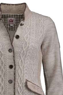 Strickjacke mit Zopfmuster und Stehkragen natur
