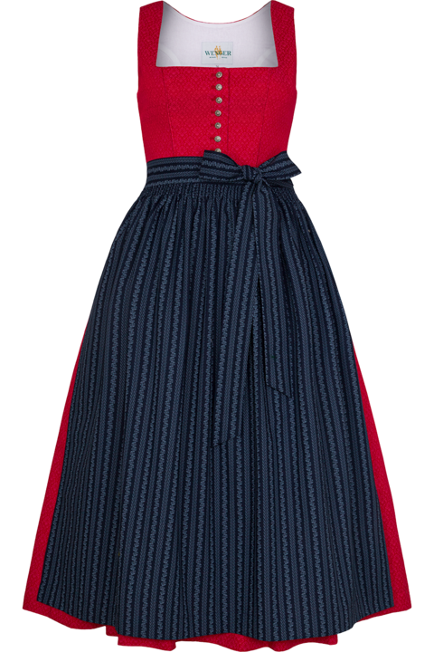 Dirndl lang aus Baumwolle mit eckigem Ausschnitt rot/marine