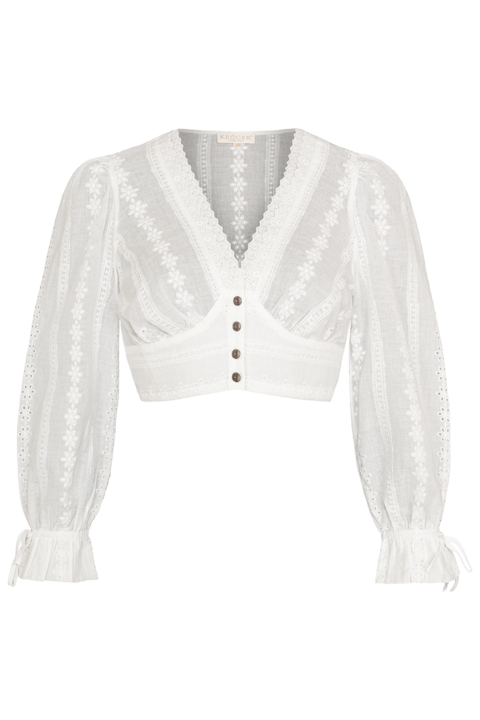 Dirndlbluse mit weiten rmeln und Lochmuster ecru