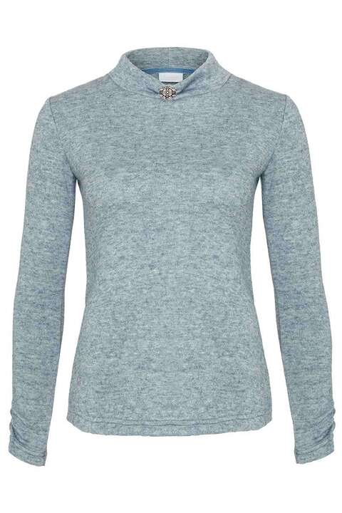 Damen Pullover mit Stehkragen und Brosche hellblau