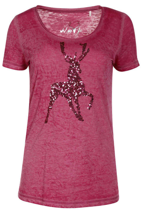 Damen Trachten-Shirt mit Pailletten-Hirsch beere