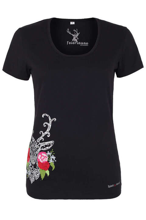 Damen Trachten-T-Shirt schwarz mit dekorativen Hirsch