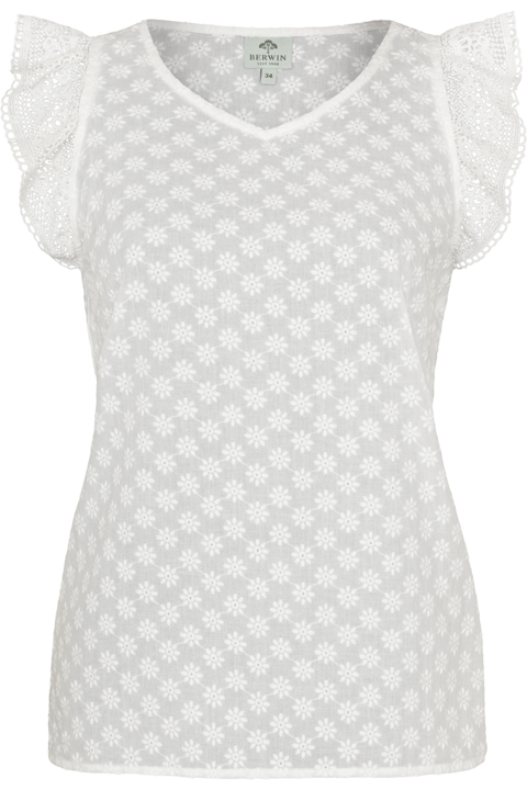 Damen Trachtenbluse/Shirt mit Flgelrmel und Bltenstickerei wei