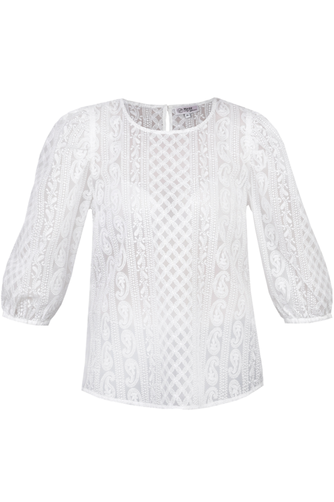 Bluse transparent bestickt und mit weitem Arm wei