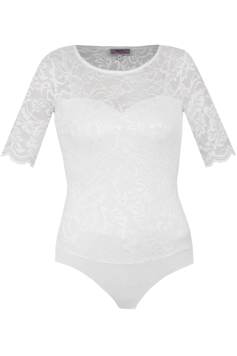 Damen Spitzenbody vollelastisch mit Halbarm offwhite