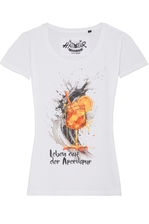 Damen T-Shirt mit Aperol-Motiv und Glitzer wei