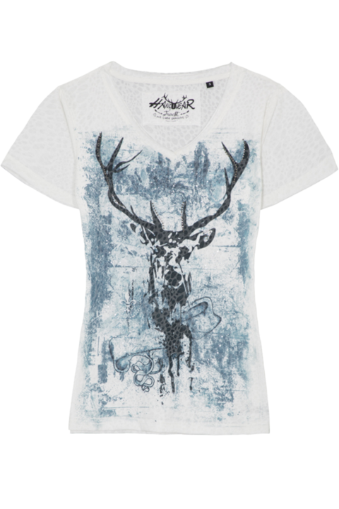 Damen Trachtenshirt mit Leo Struktur und Hirschmotiv offwhite