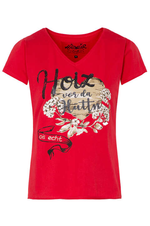 Damen Trachtenshirt 'Hoiz vor da Httn - ois echt' rot