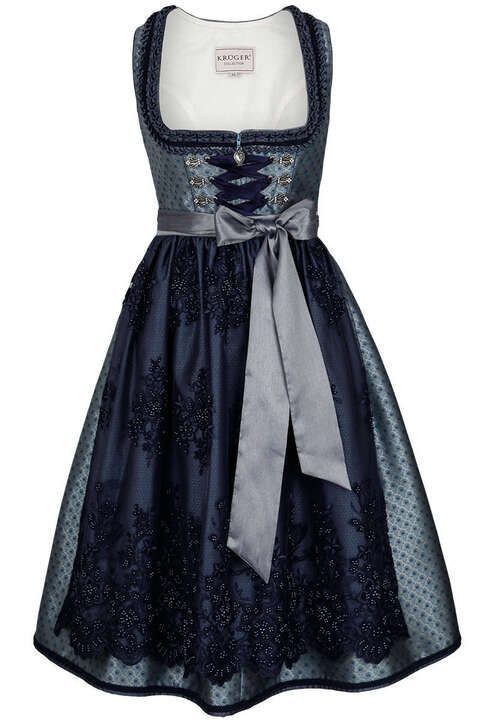 Midi Dirndl mit bestickter Spitzenschrze blau