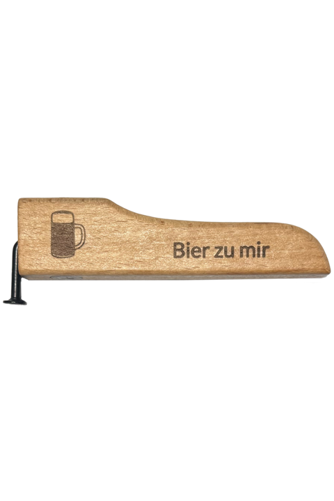 Flaschenffner Holz mit Nagel und Magneten 'Bier zu mir'