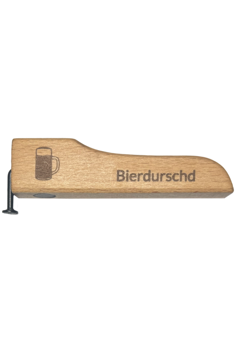 Flaschenffner Holz mit Nagel und Magneten 'Bierdurschd'
