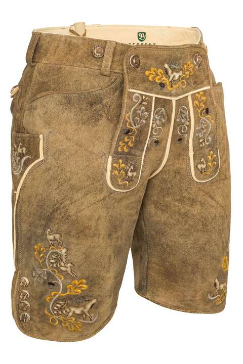 Herren Hirsch-Lederhose kurz Vintage-Optik Antikschwarz mit gelb-grauer Plattstickerei