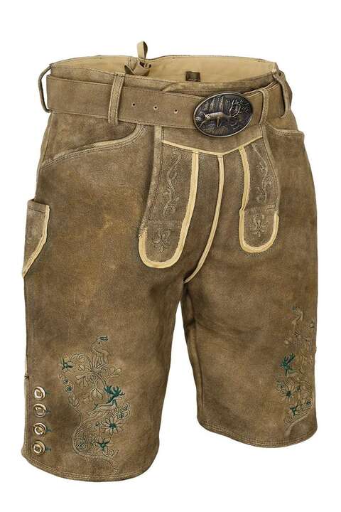 Herren Lederhose Hirschoptik mit Grtel kurz mit Stickerei oliv