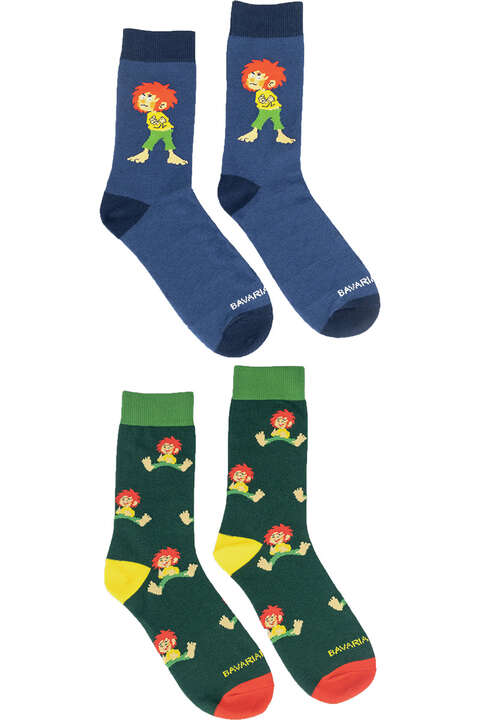 2 Paar Socken in Sockenbox fr Damen, Herren und Kinder - mit Pumuckl in schwarz und blau