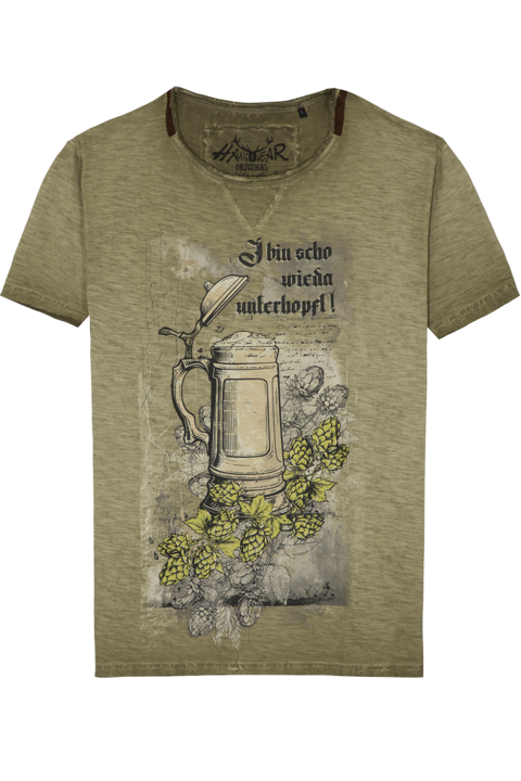 Herren Shirt Biermotiv 'I bin scho wieda unterhopft' oliv