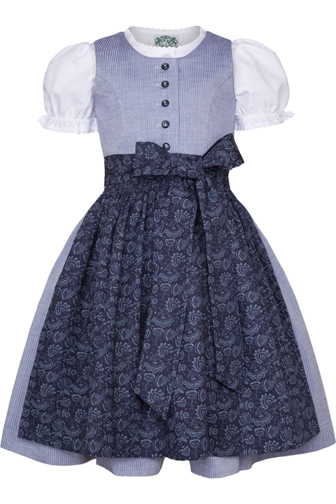 Kinderdirndl mit Steifen, floraler Schrze und Bluse blau