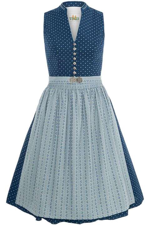 Dirndl hochgeschlossen mit Broschenschrze Blau