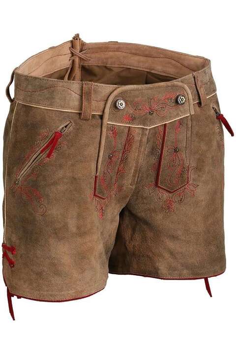 Lederhose Shorts hellbraun mit roter Stickerei