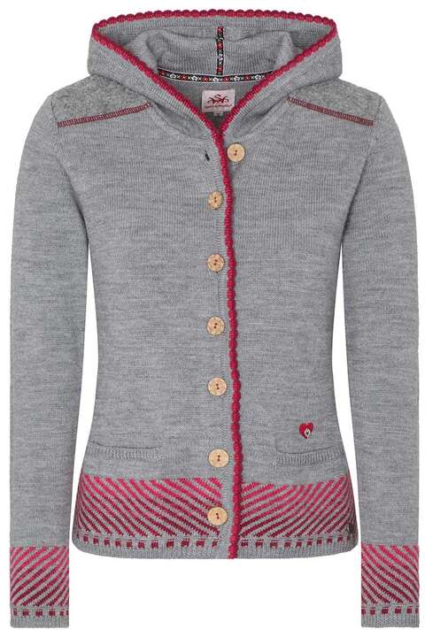 Damen Kapuzen-Strickjacke hellgrau rot