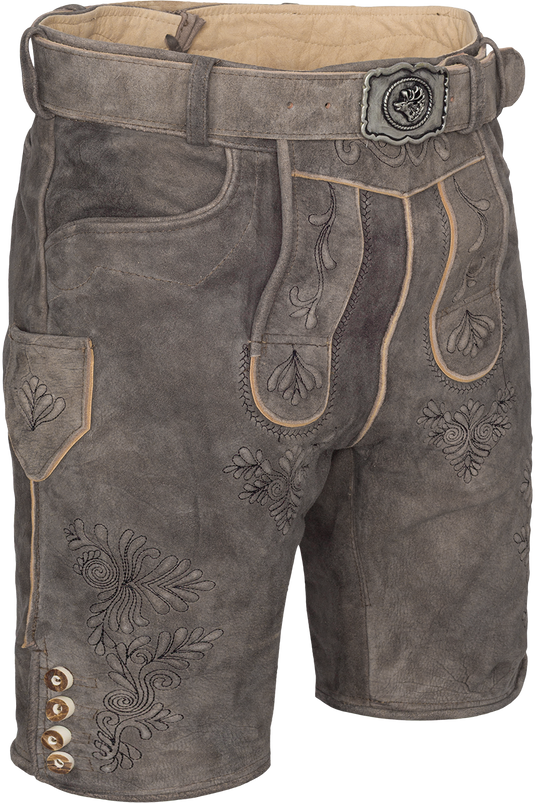 Herren Lederhose kurz mit Stickereien und Gürtel - stonegrey schwarz