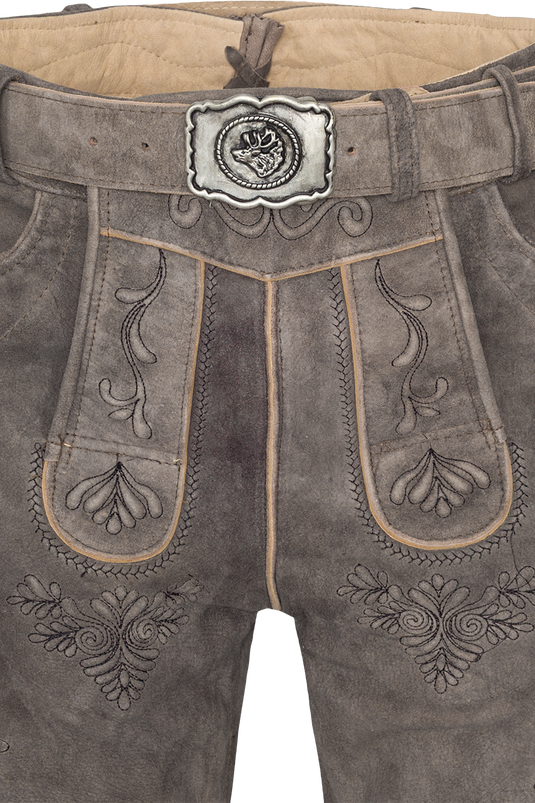 Herren Lederhose kurz mit Stickereien und Gürtel - stonegrey schwarz