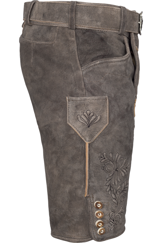 Herren Lederhose kurz mit Stickereien und Gürtel - stonegrey schwarz